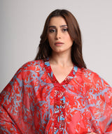 Red abstract floral print kaftan top and pant set