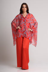 Red abstract floral print kaftan top and pant set