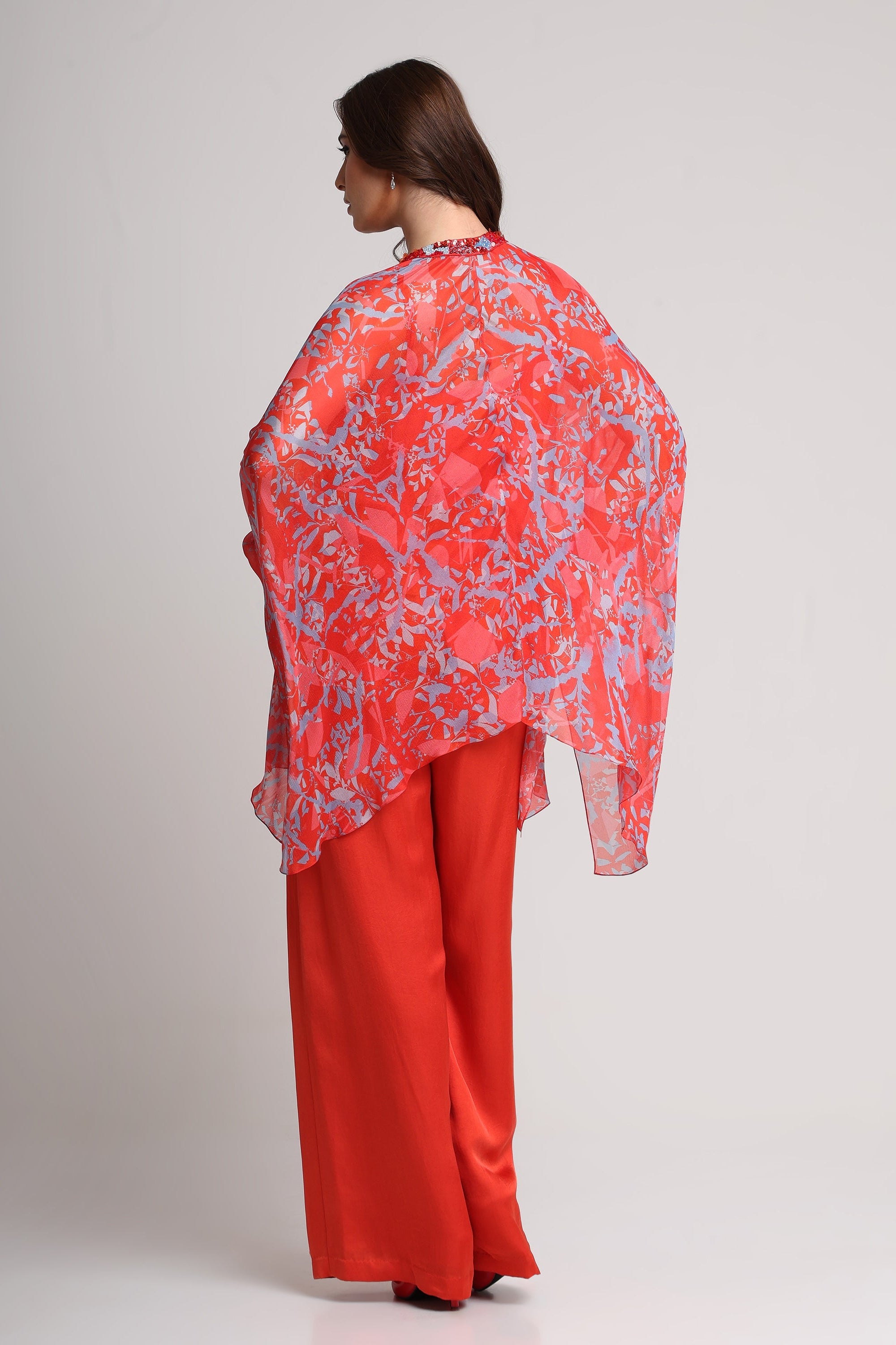 Red abstract floral print kaftan top and pant set