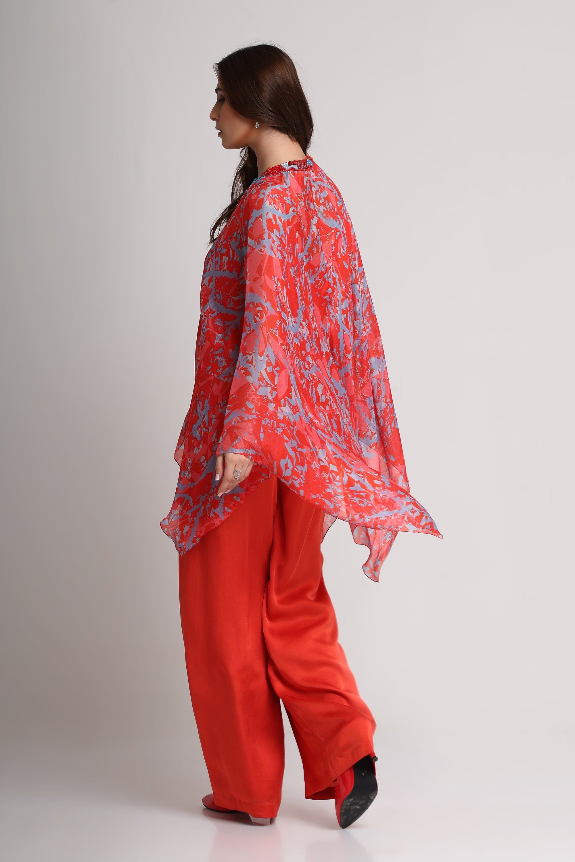 Red abstract floral print kaftan top and pant set