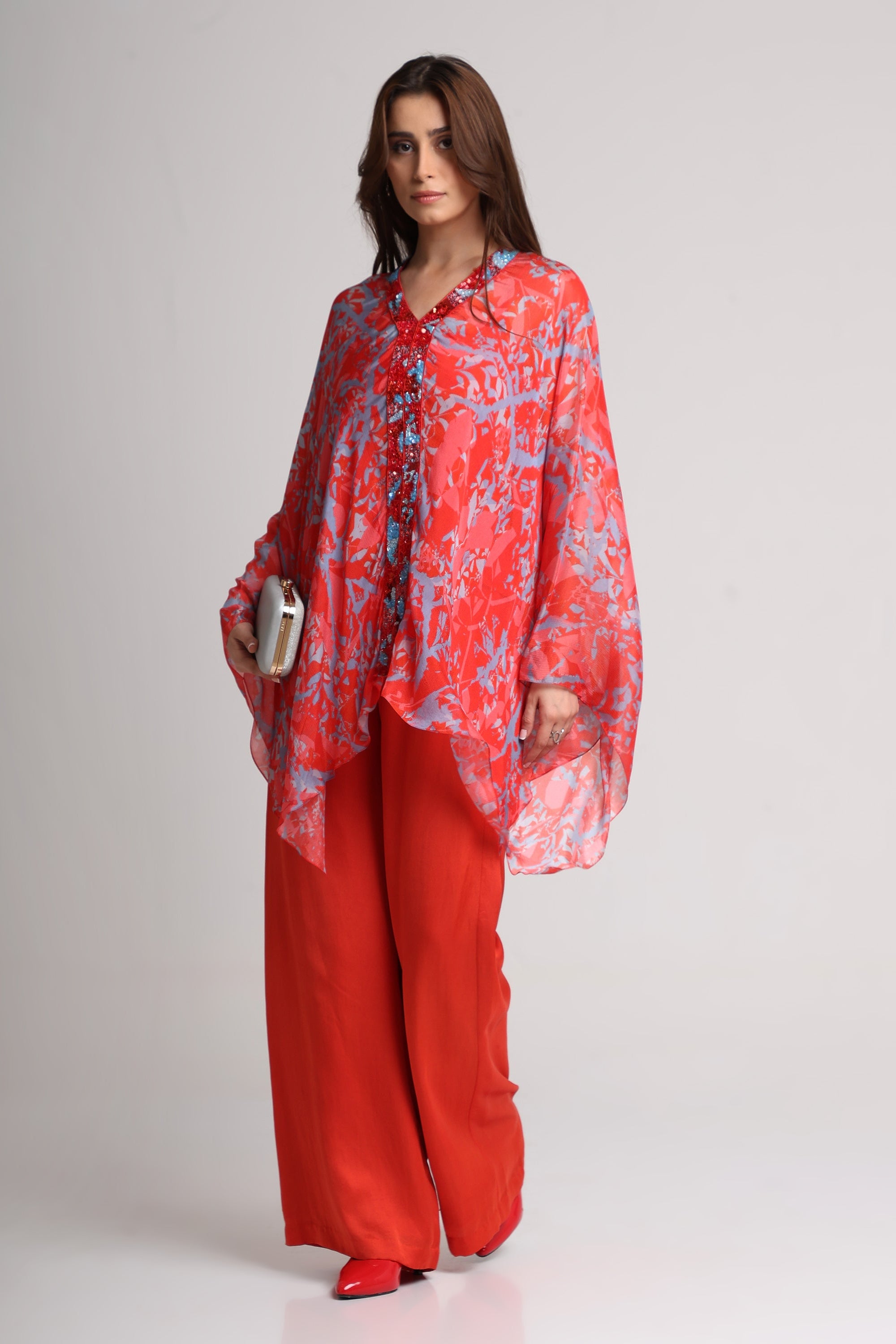Red abstract floral print kaftan top and pant set