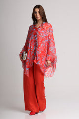 Red abstract floral print kaftan top and pant set