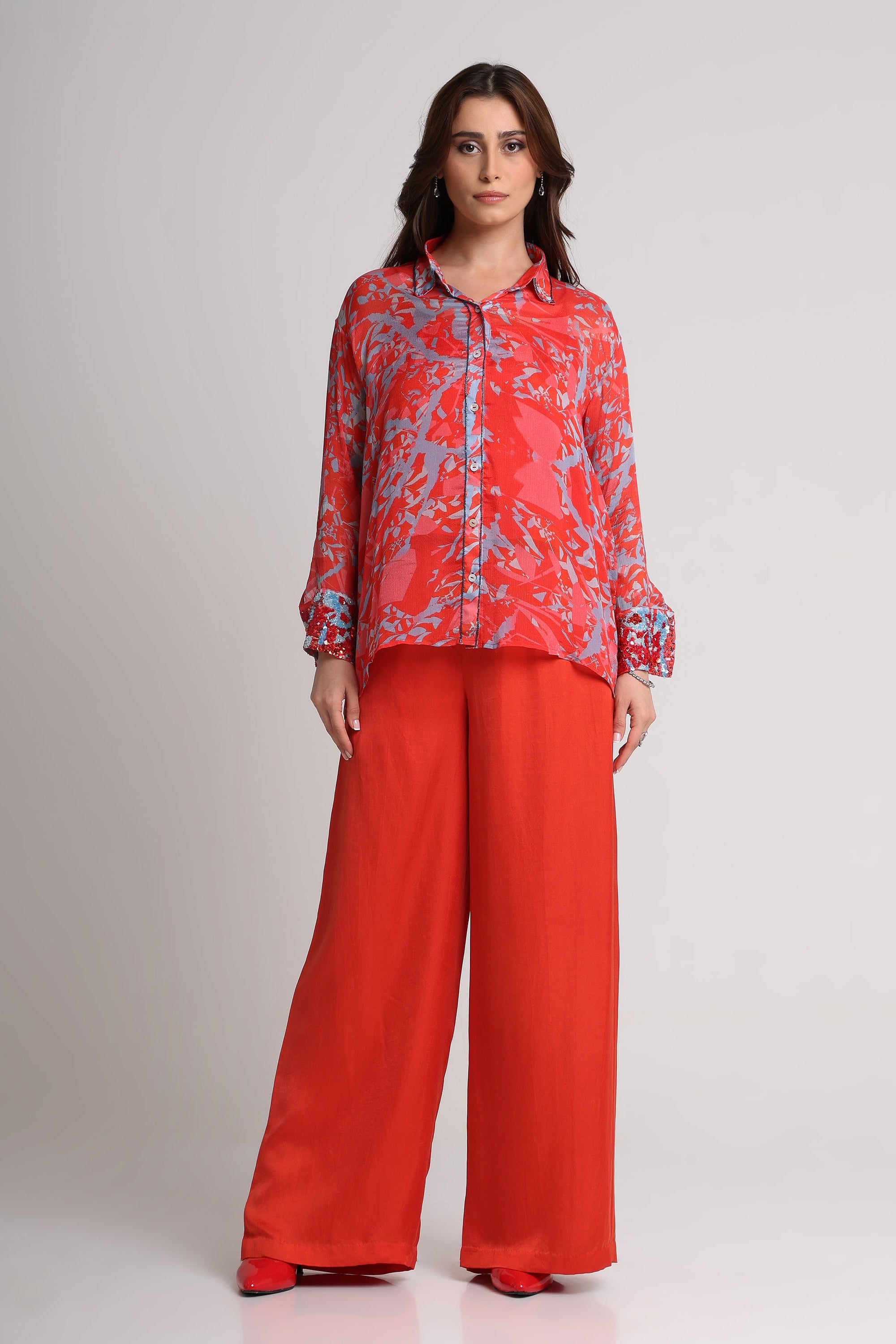 Red floral abstract floral print  shirt  and pant set