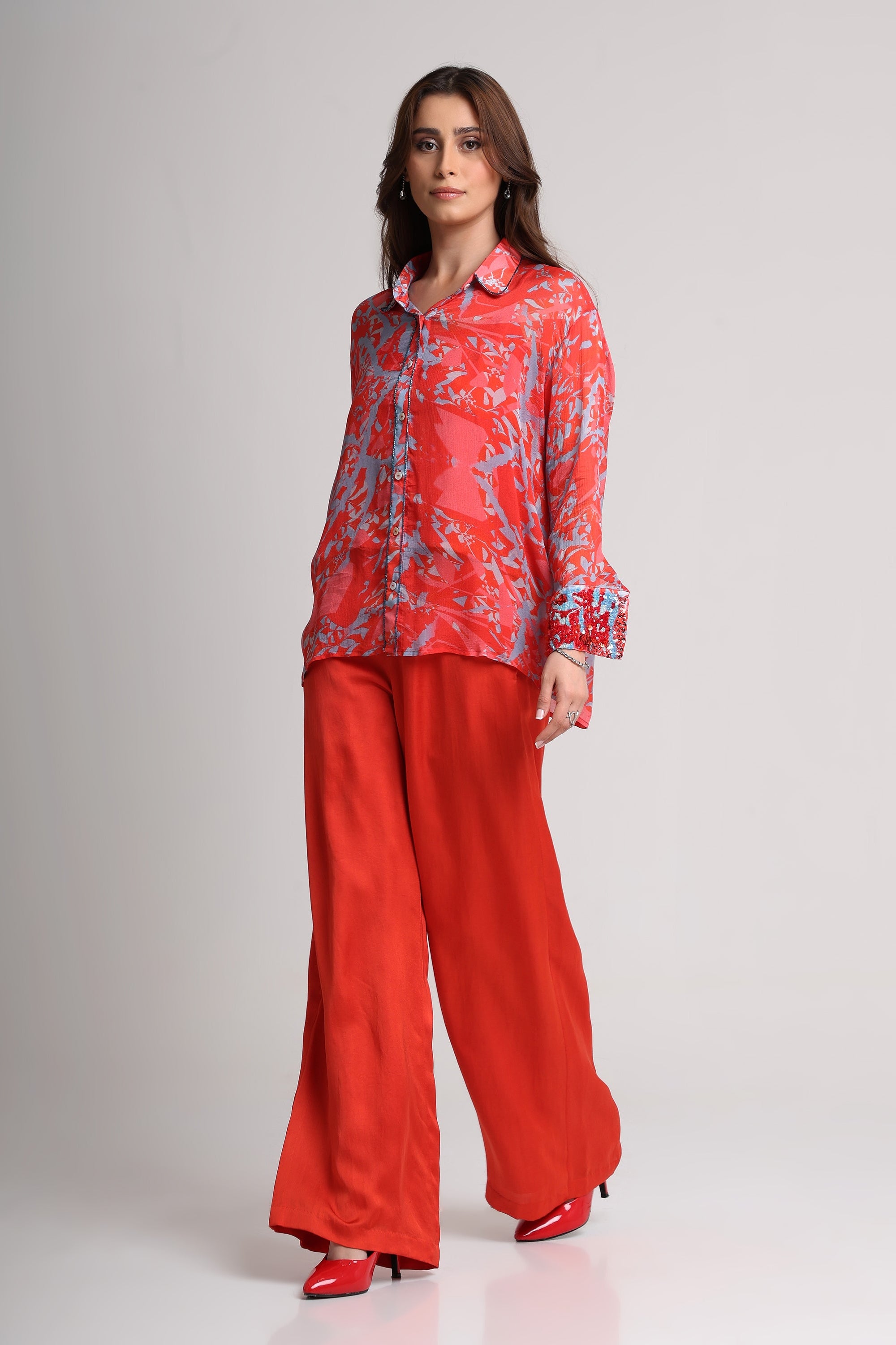 Red floral abstract floral print  shirt  and pant set