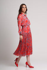 Red abstract floral print shirt and skirt set