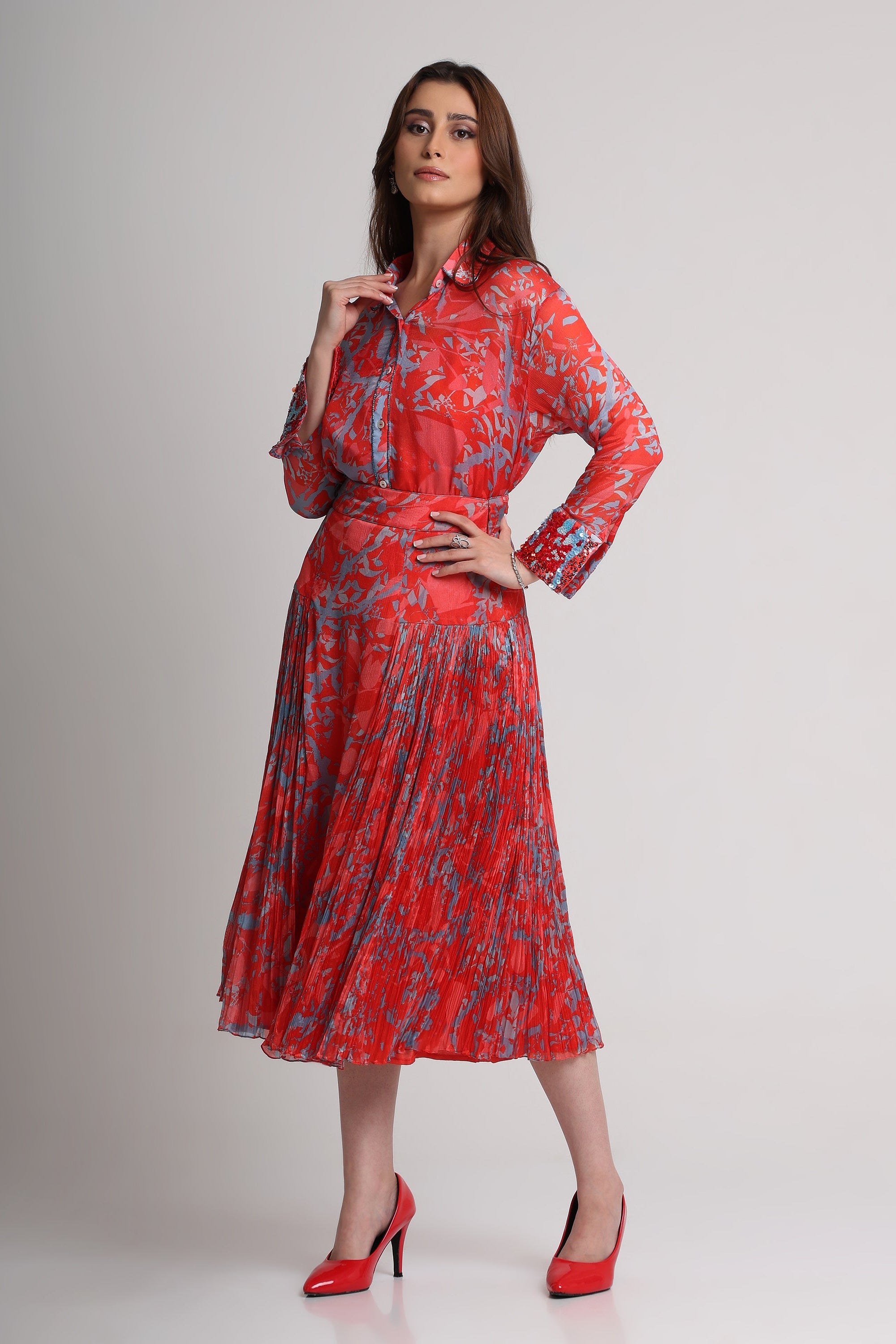 Red abstract floral print shirt and skirt set