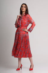 Red abstract floral print shirt and skirt set