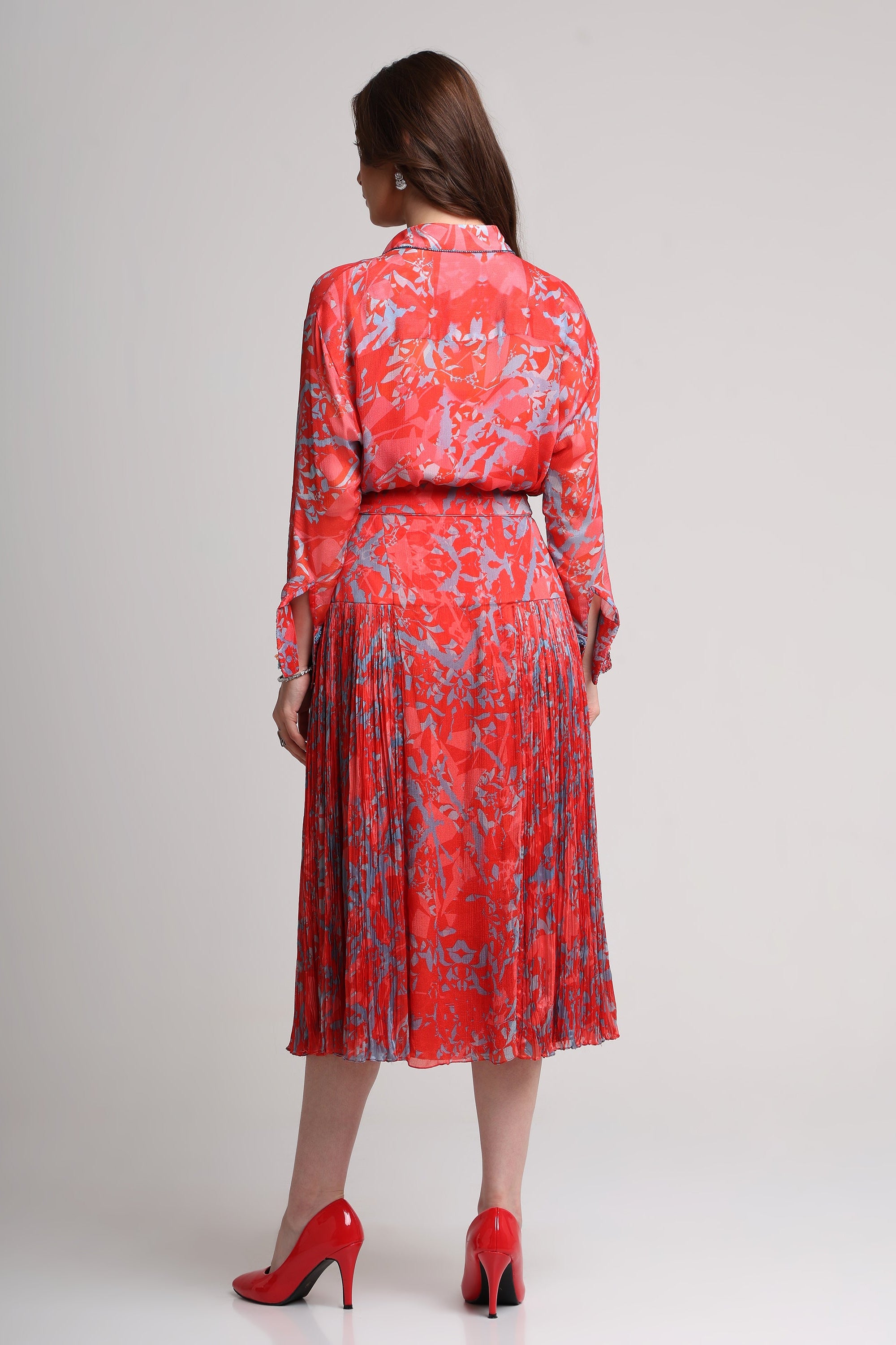 Red abstract floral print shirt and skirt set