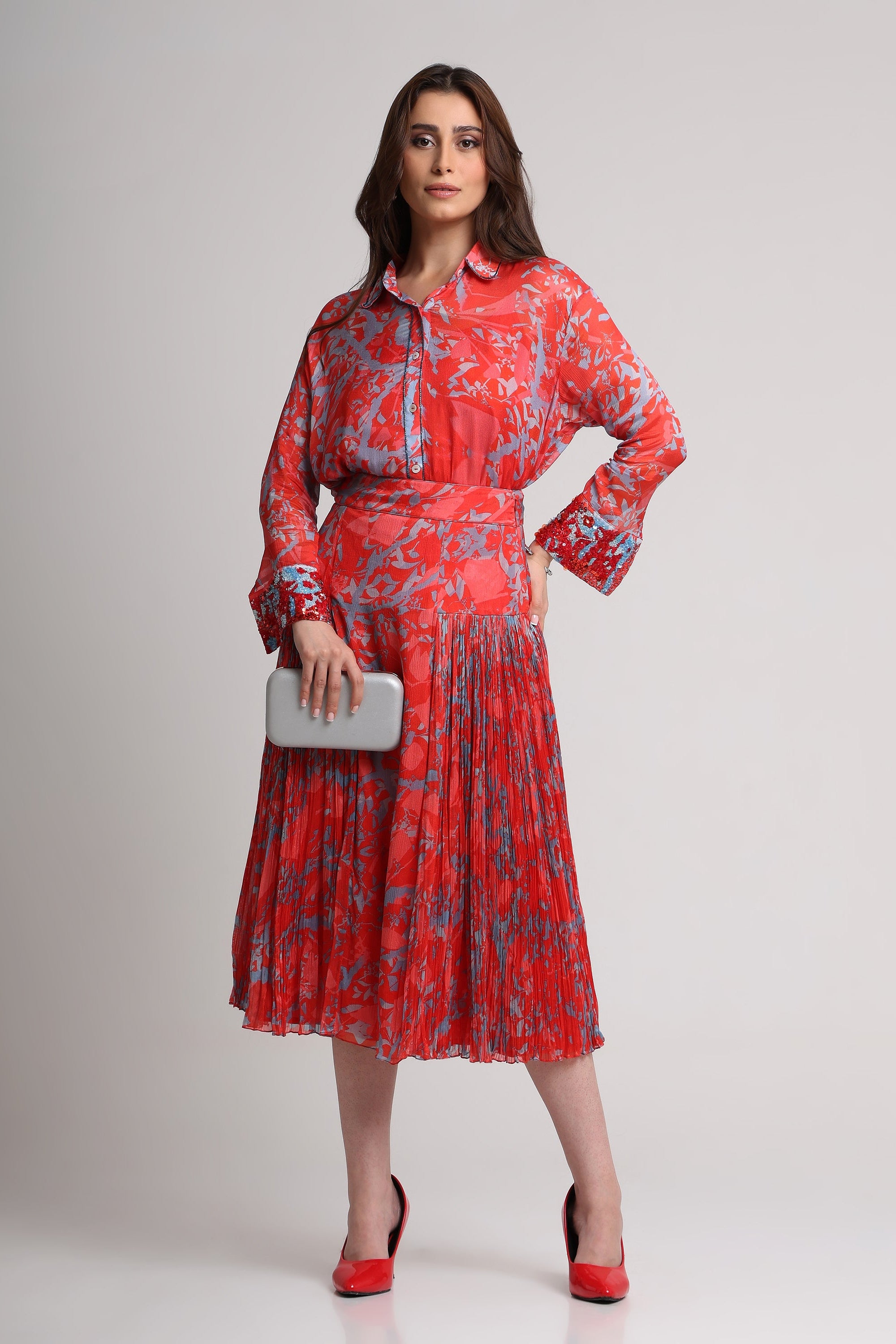 Red abstract floral print shirt and skirt set