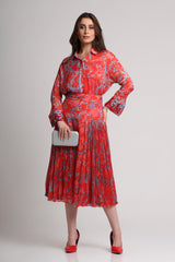 Red abstract floral print shirt and skirt set