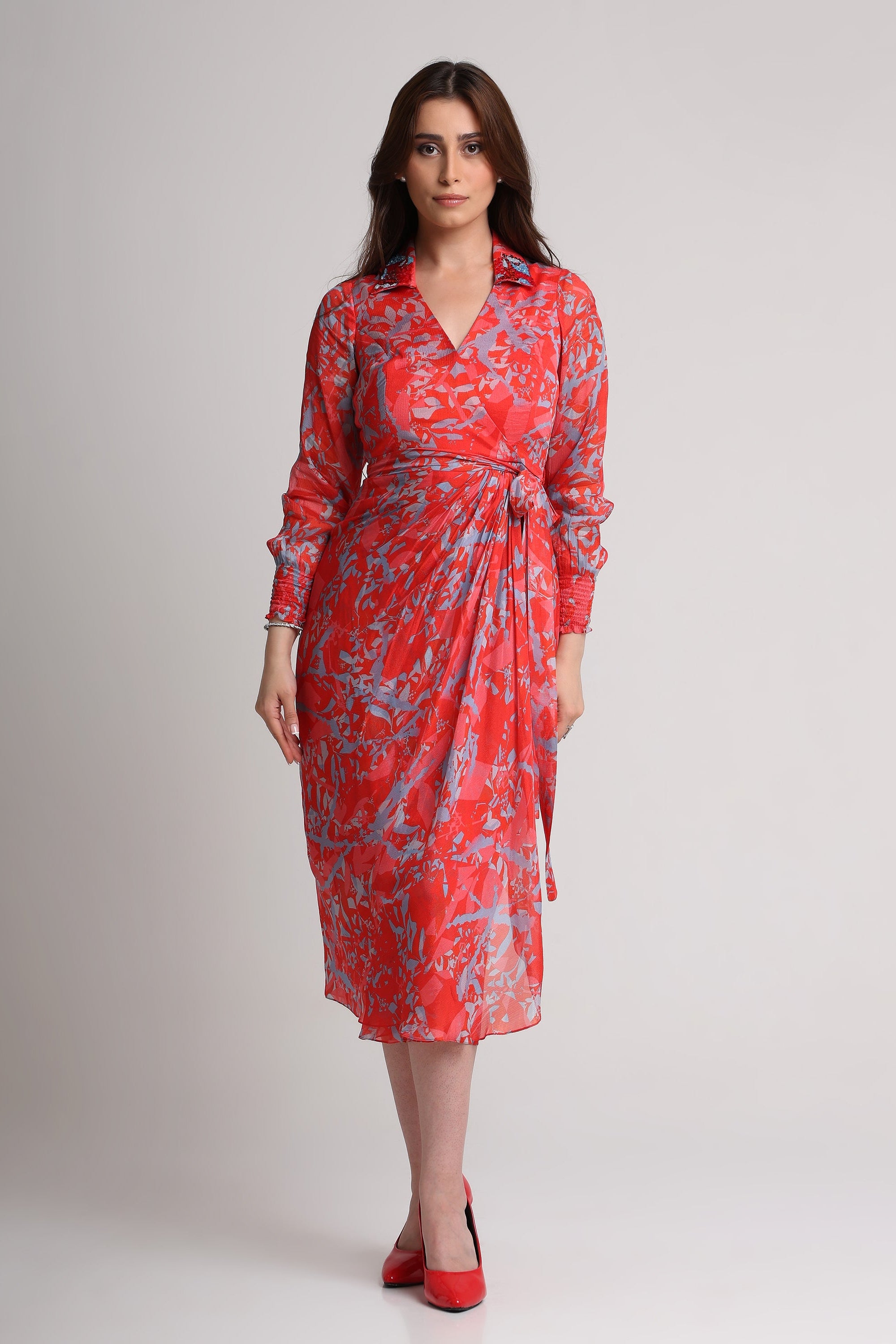 Red abstract floral print  midi dress