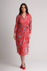 Red abstract floral print  midi dress