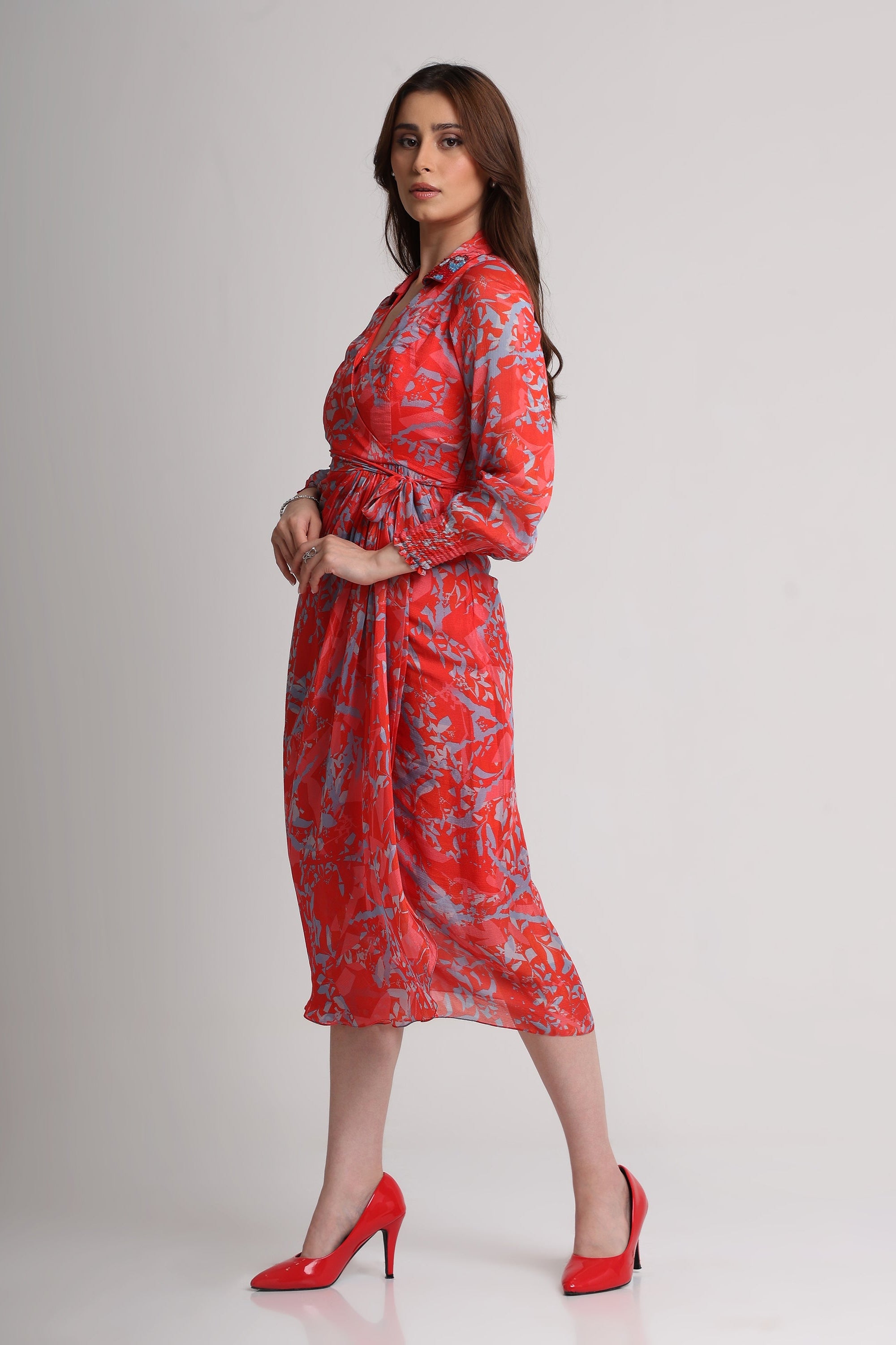 Red abstract floral print  midi dress