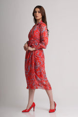 Red abstract floral print  midi dress