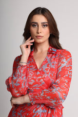 Red abstract floral print  midi dress