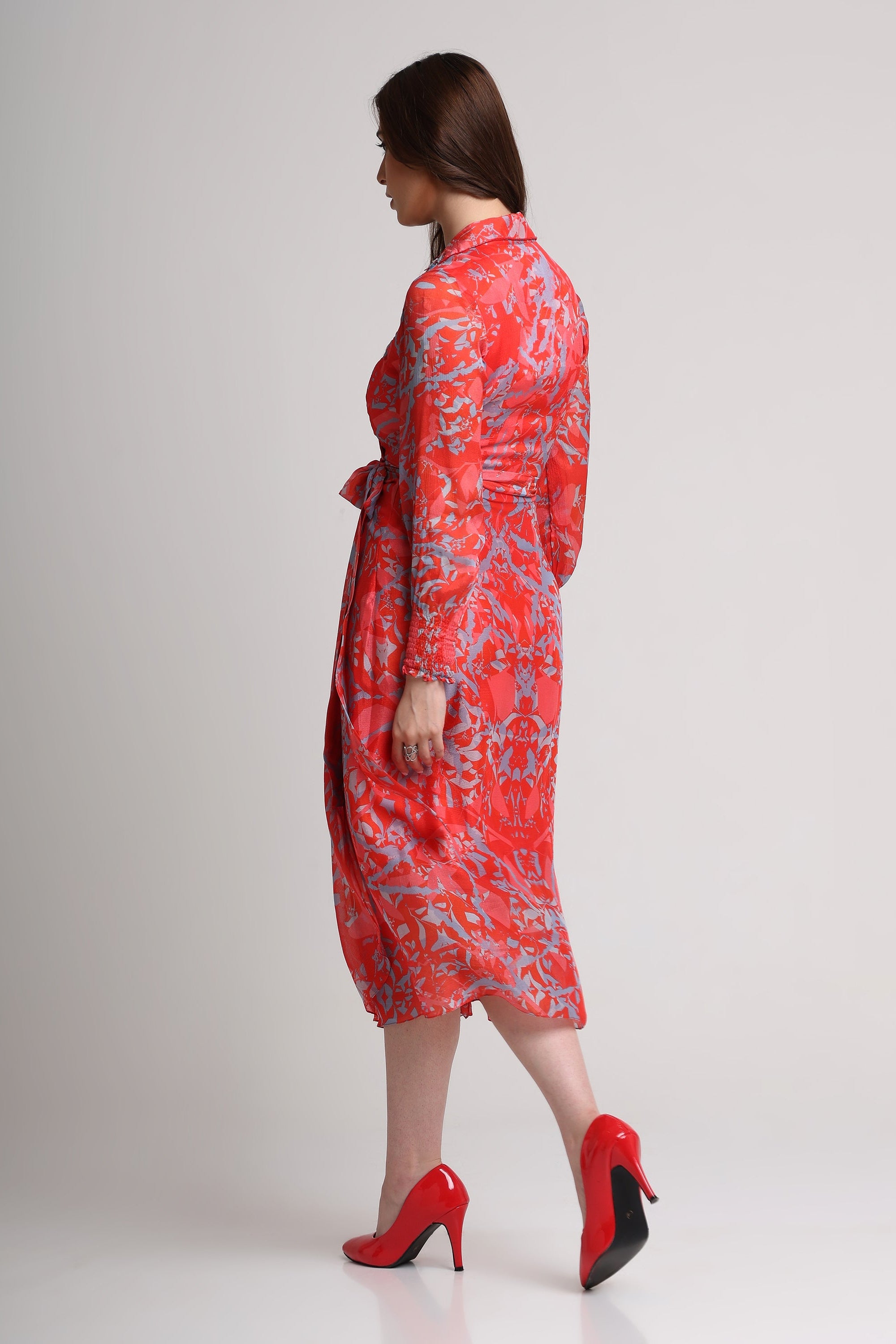 Red abstract floral print  midi dress