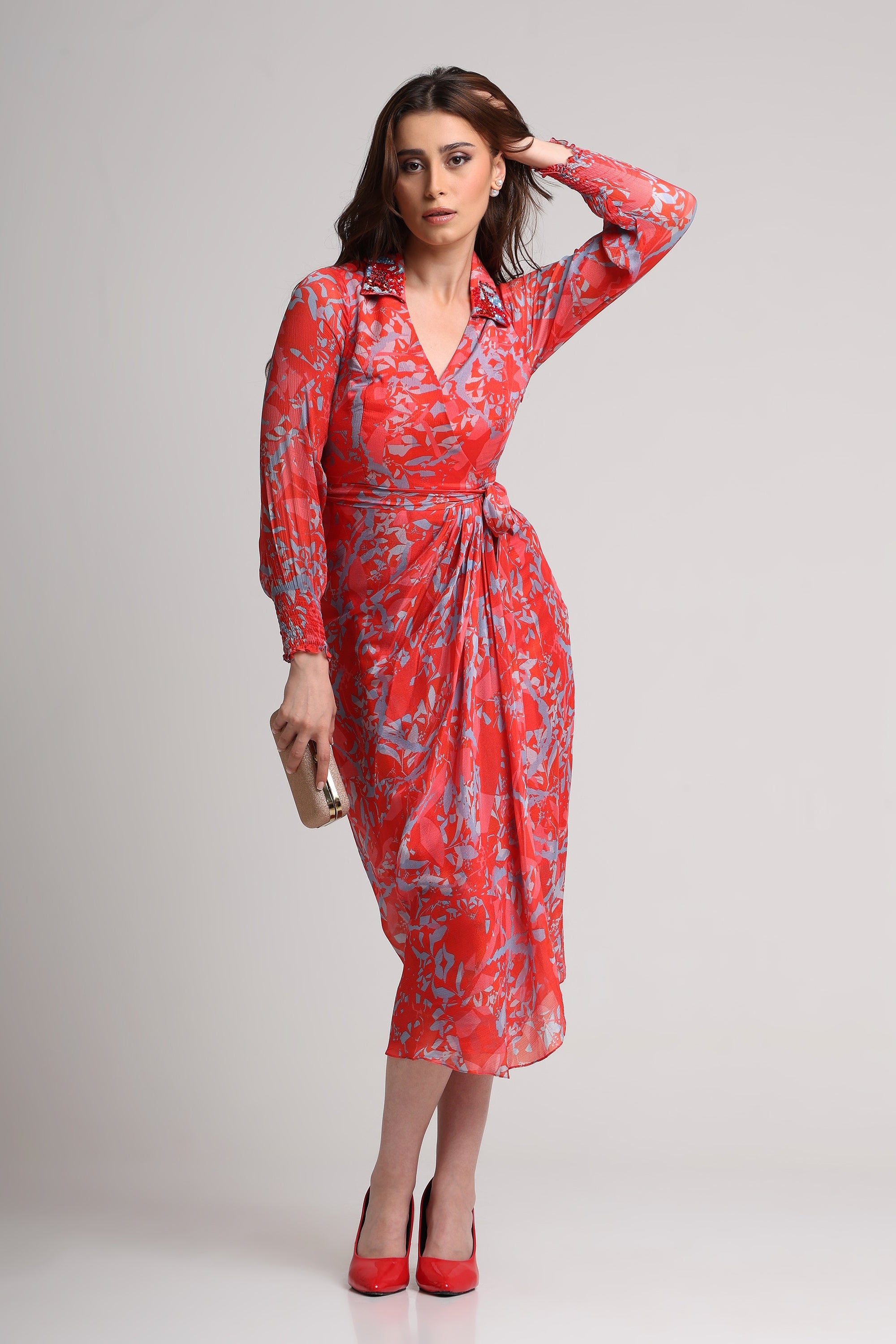 Red abstract floral print  midi dress