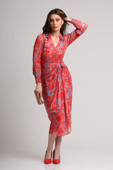 Red abstract floral print  midi dress