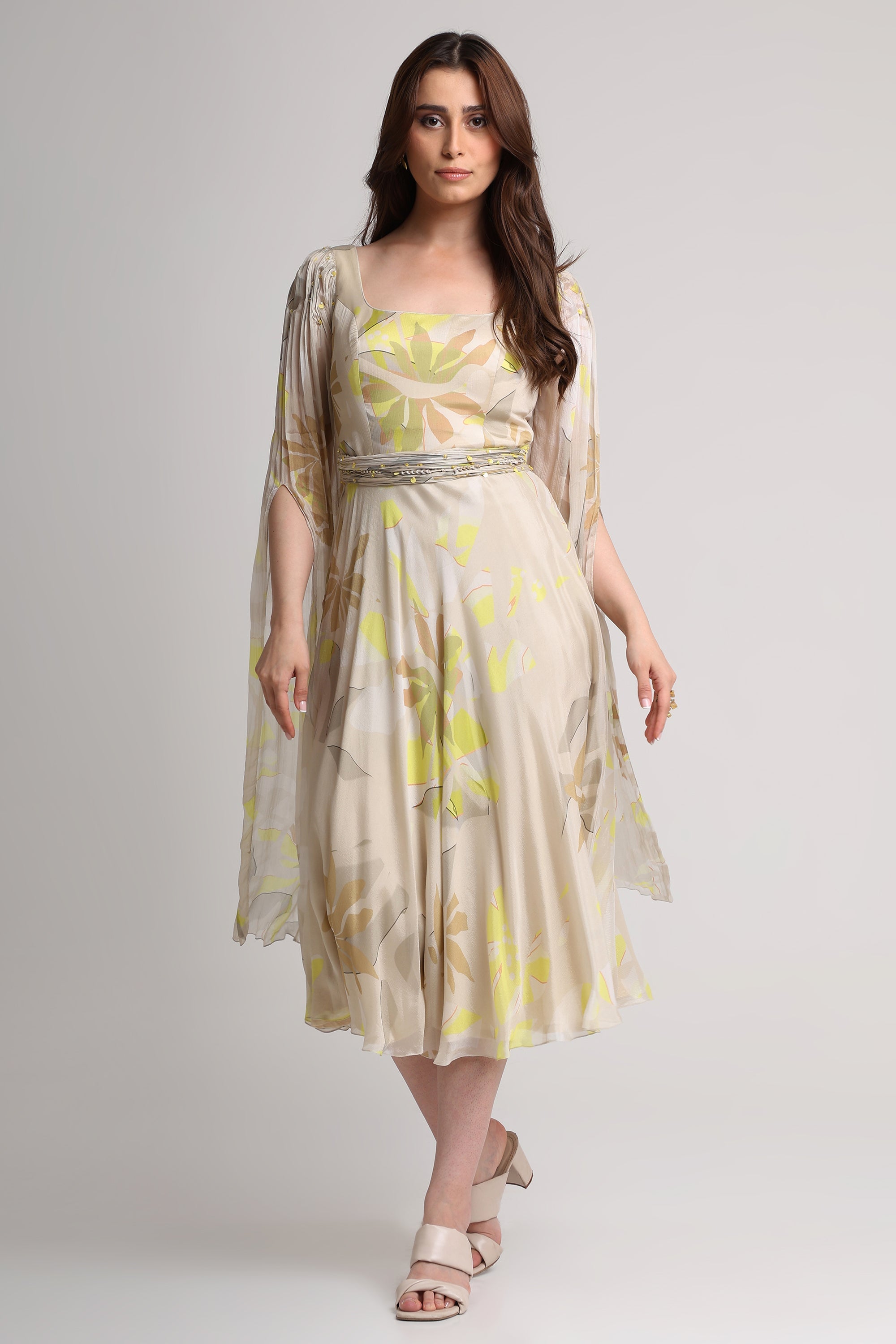 Beige neon abstract floral long sleeve midi dress