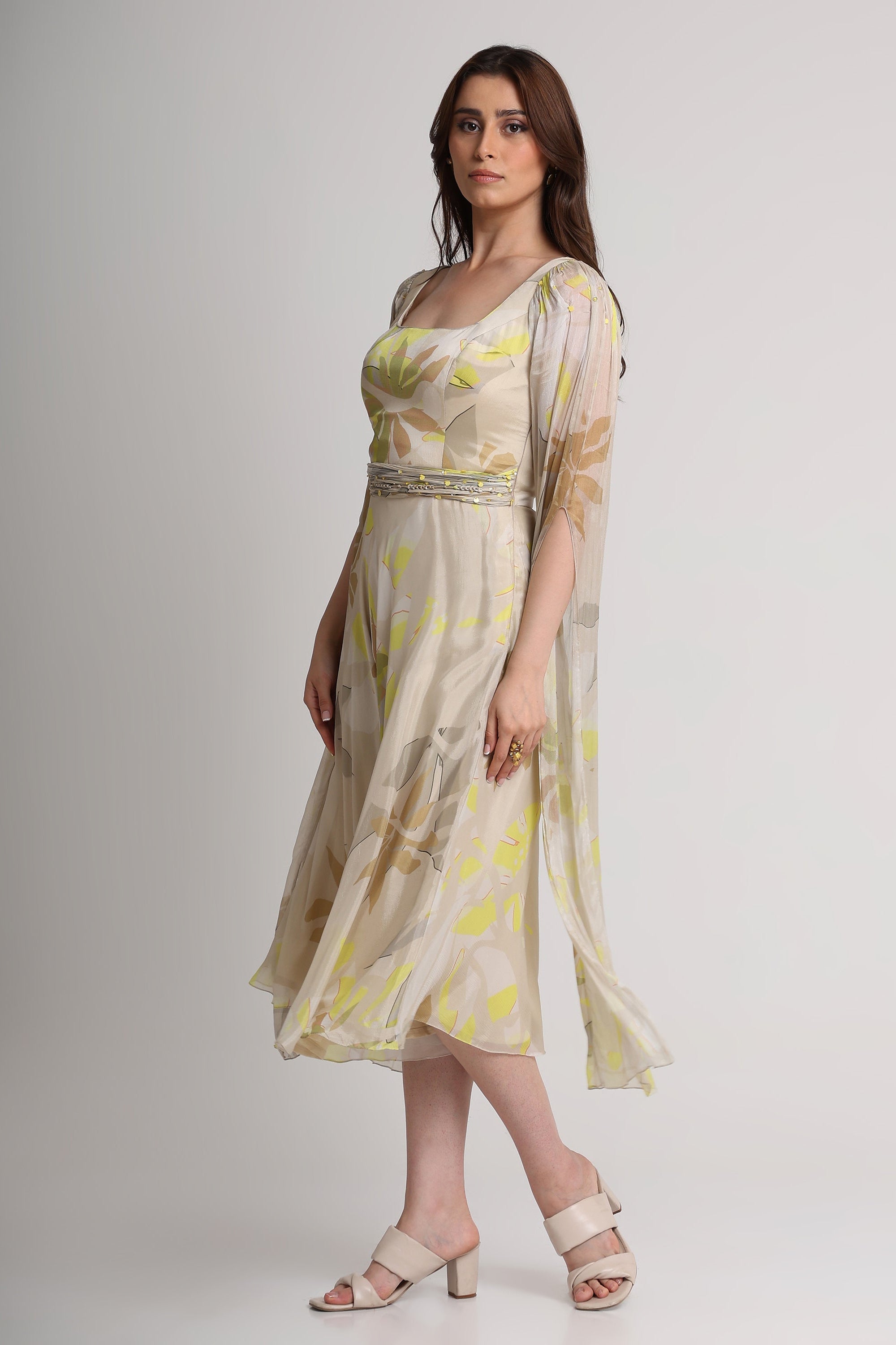 Beige neon abstract floral long sleeve midi dress