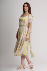 Beige neon abstract floral long sleeve midi dress