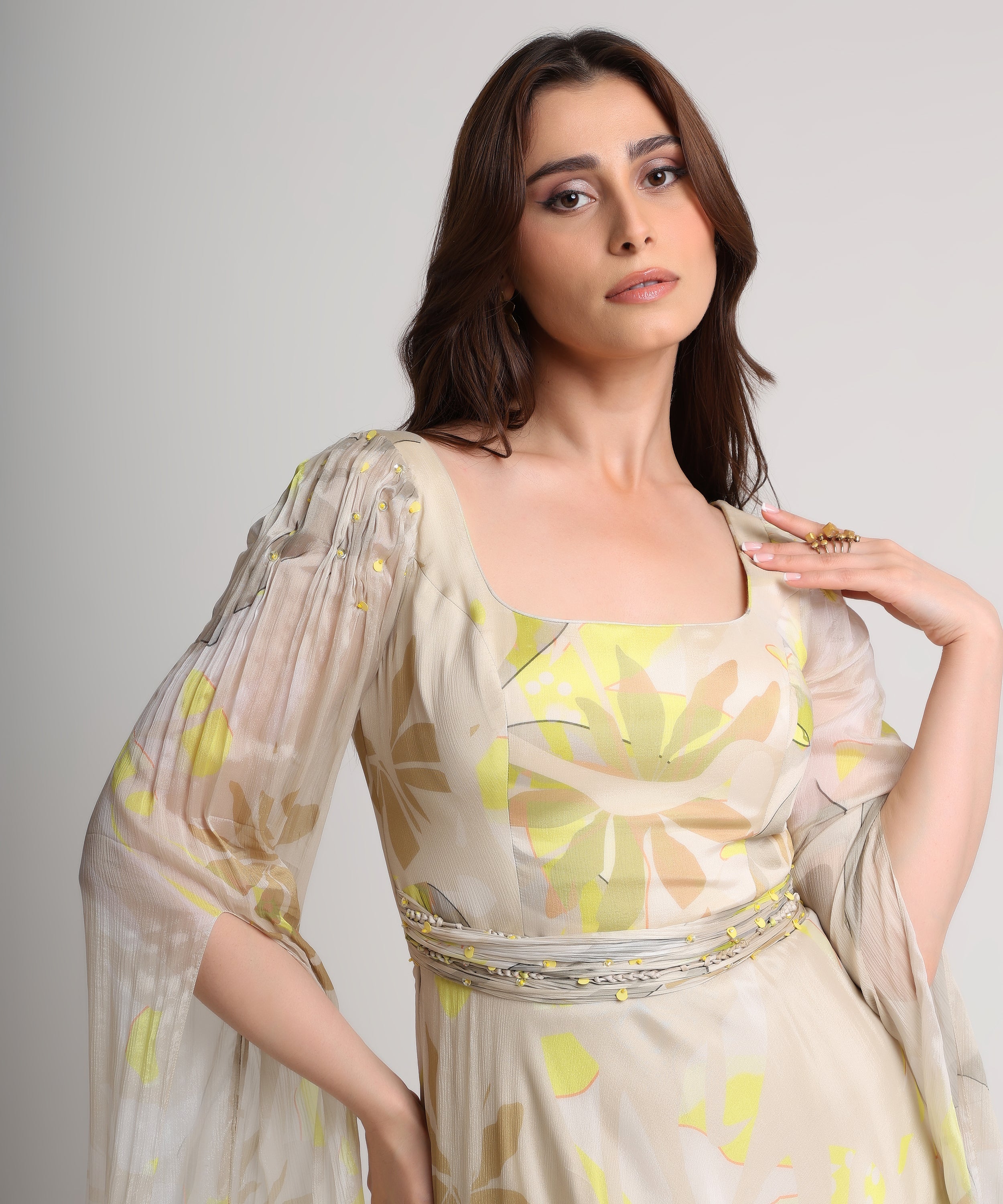 Beige neon abstract floral long sleeve midi dress