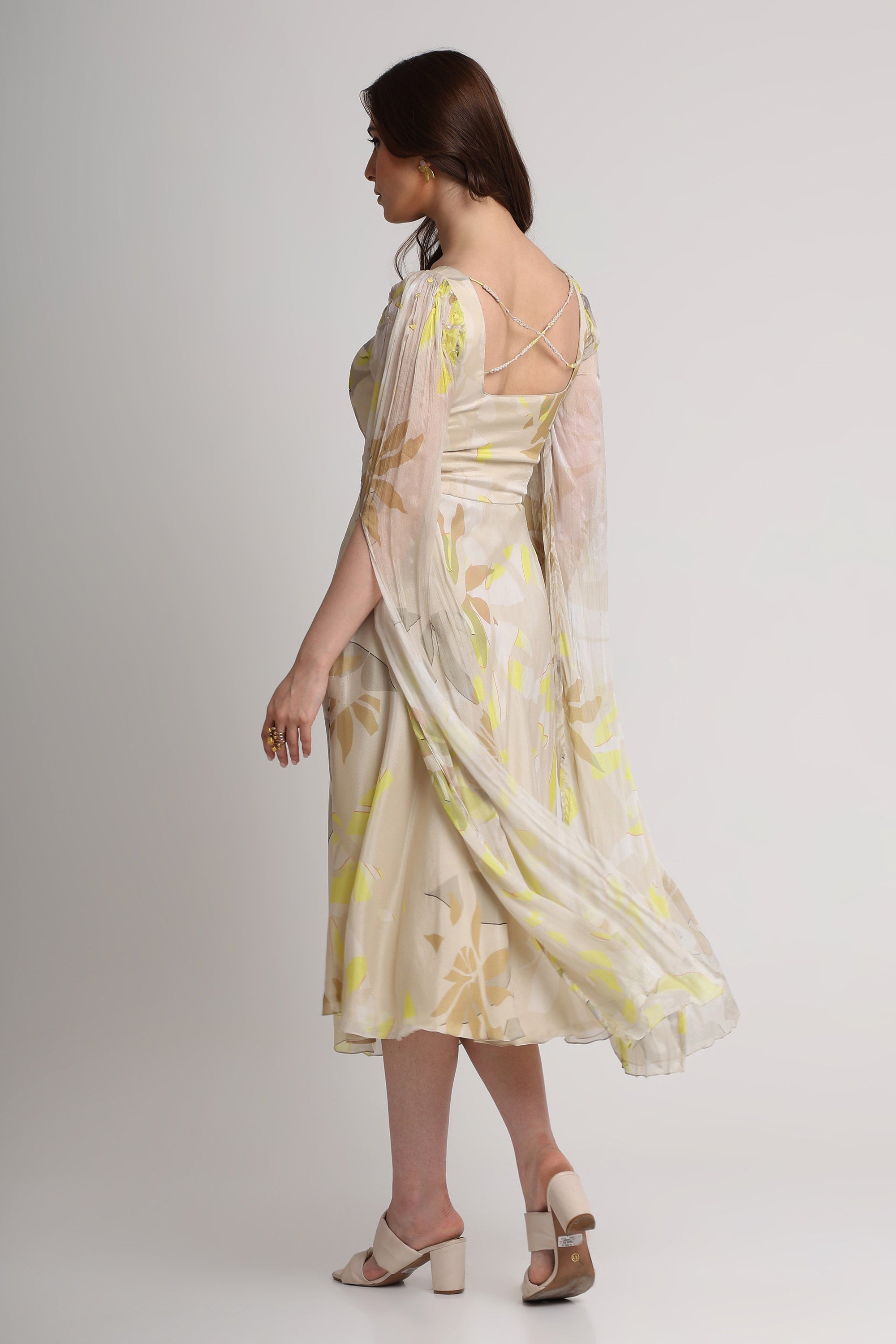 Beige neon abstract floral long sleeve midi dress