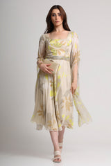 Beige neon abstract floral long sleeve midi dress