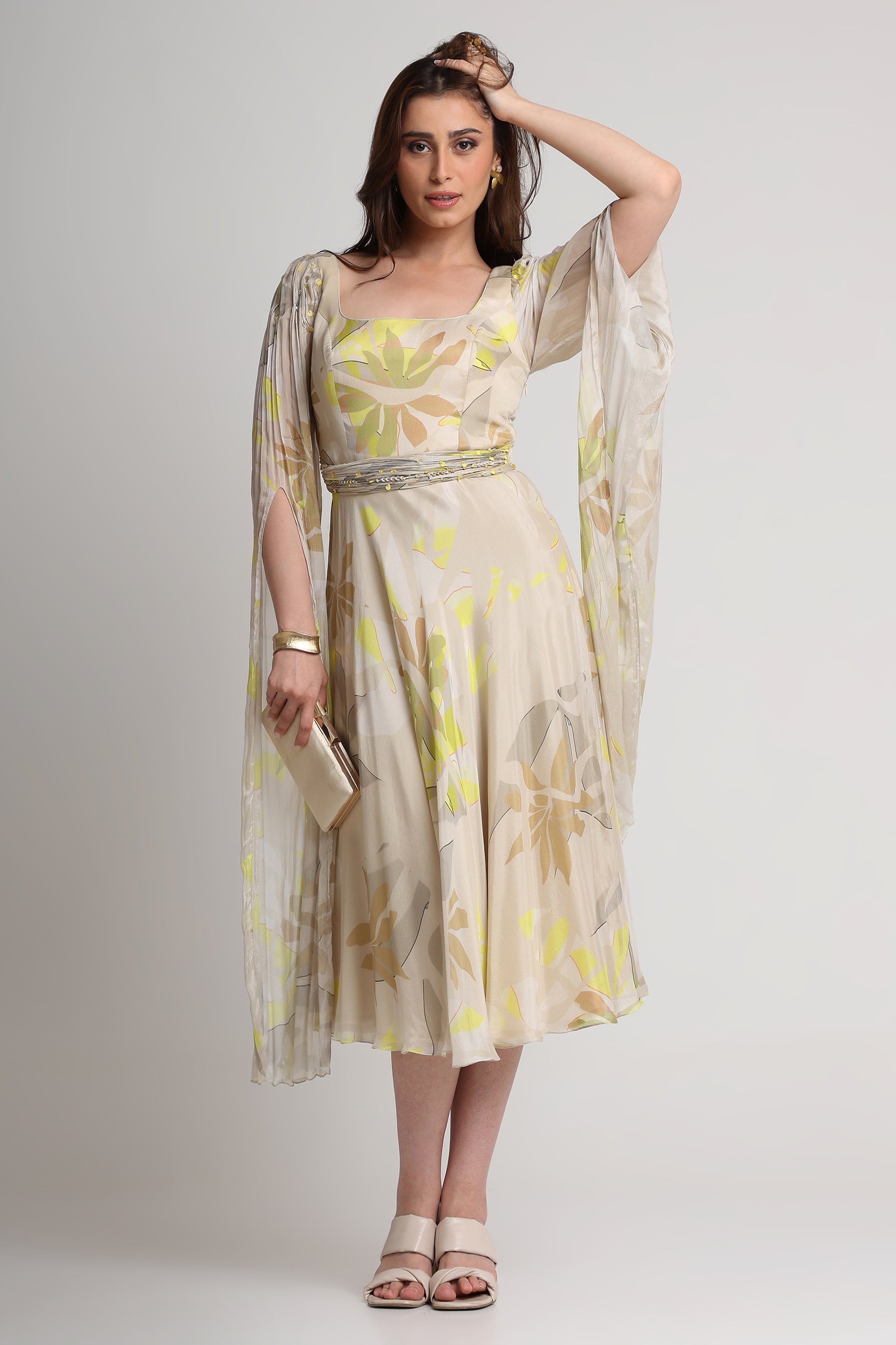 Beige neon abstract floral long sleeve midi dress