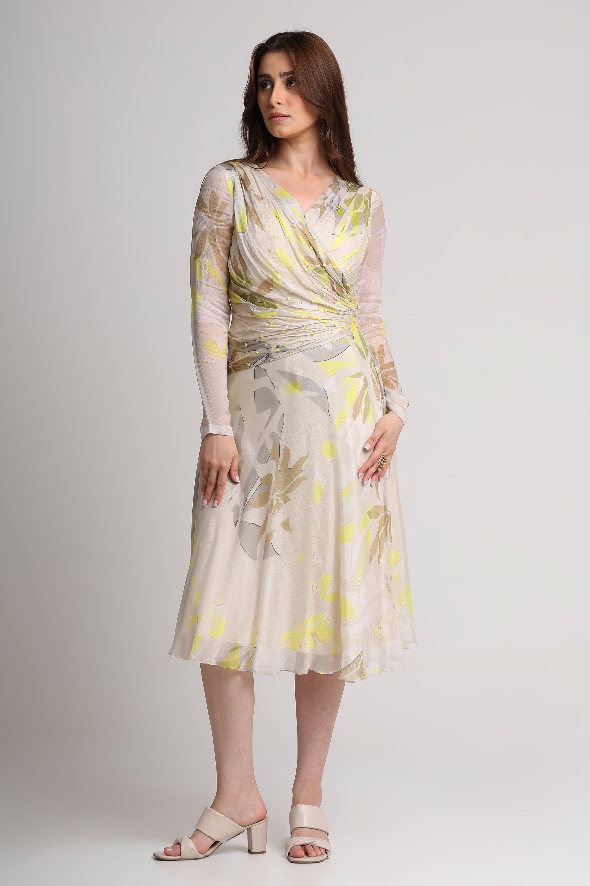Beige neon abstract floral midi dress