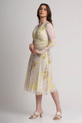 Beige neon abstract floral midi dress