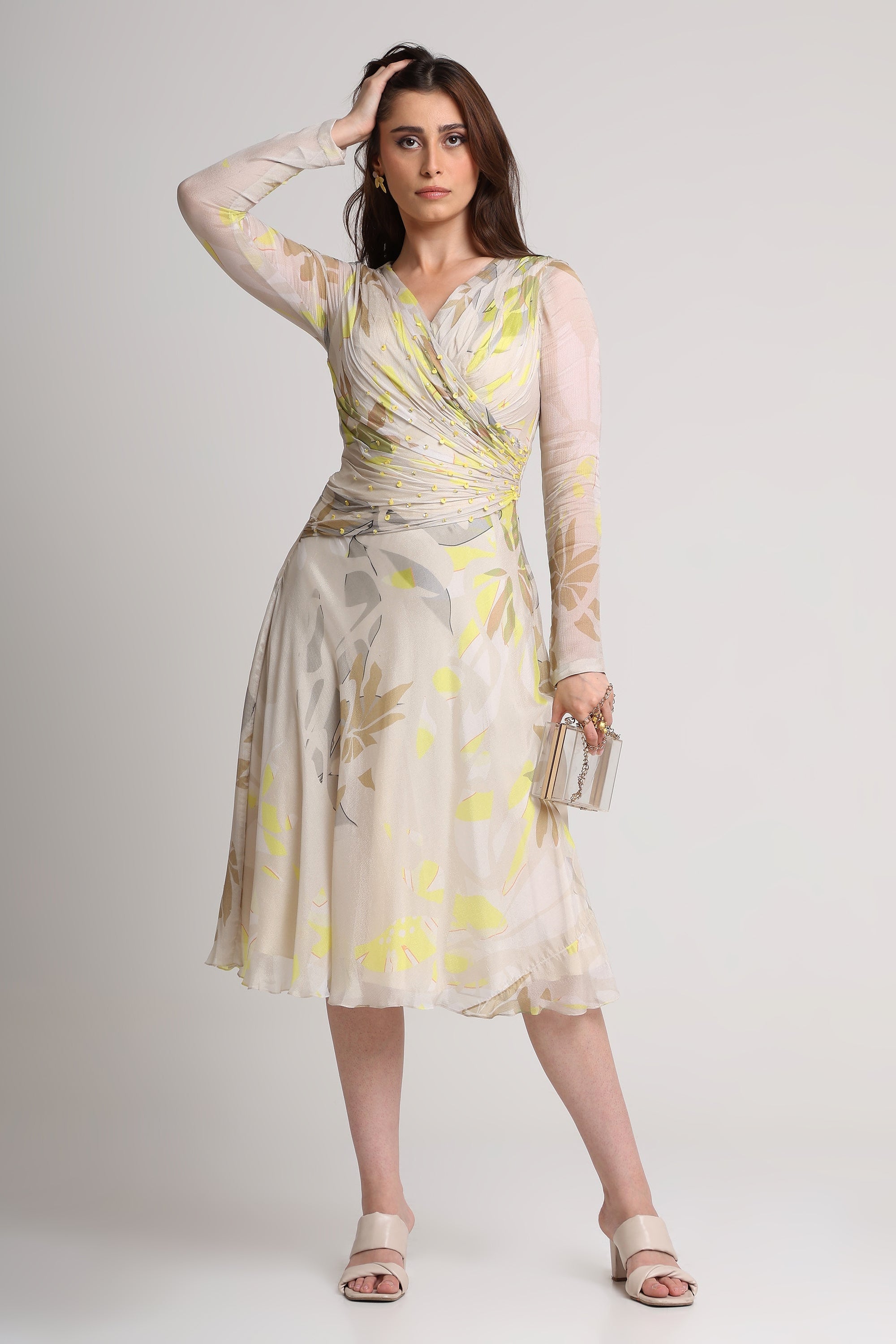 Beige neon abstract floral midi dress