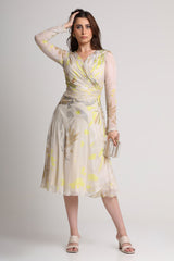 Beige neon abstract floral midi dress