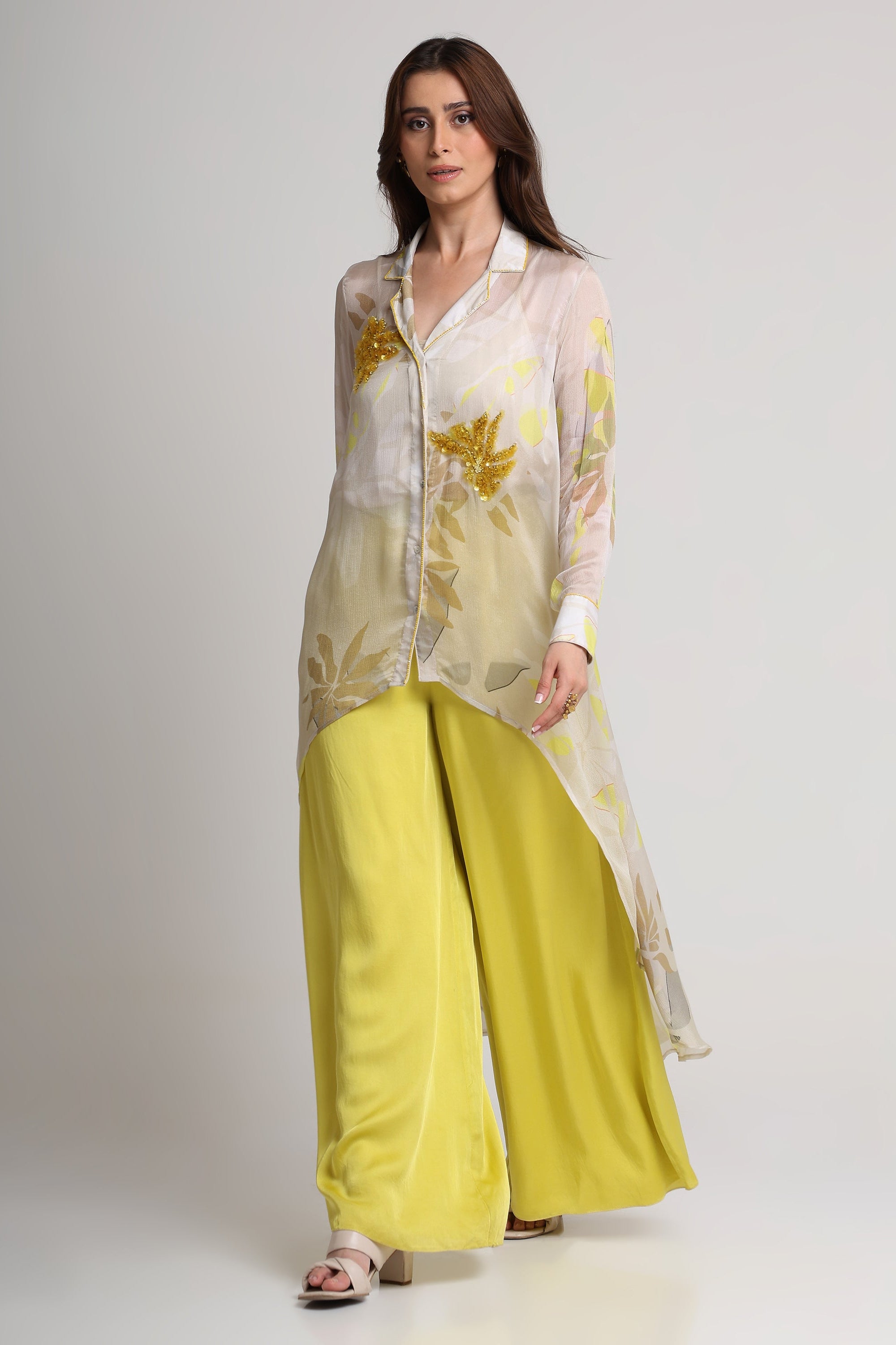 Beige neon abstract floral shirt and pant set
