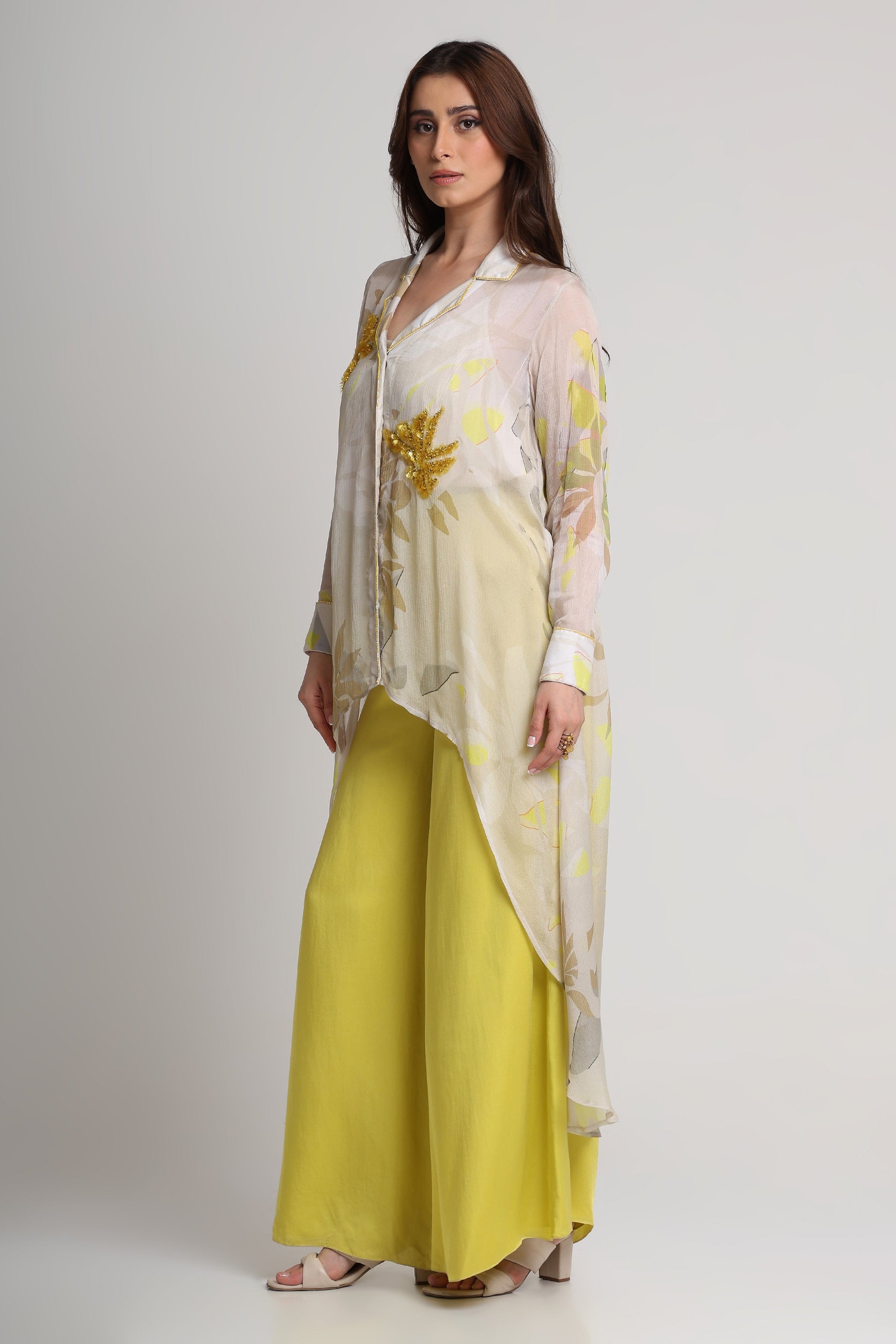 Beige neon abstract floral shirt and pant set