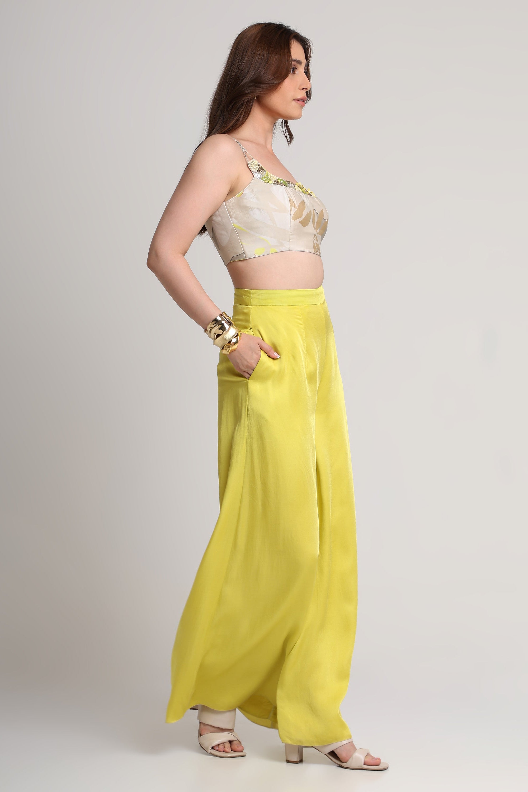 Beige neon abstract floral bustier and pant set