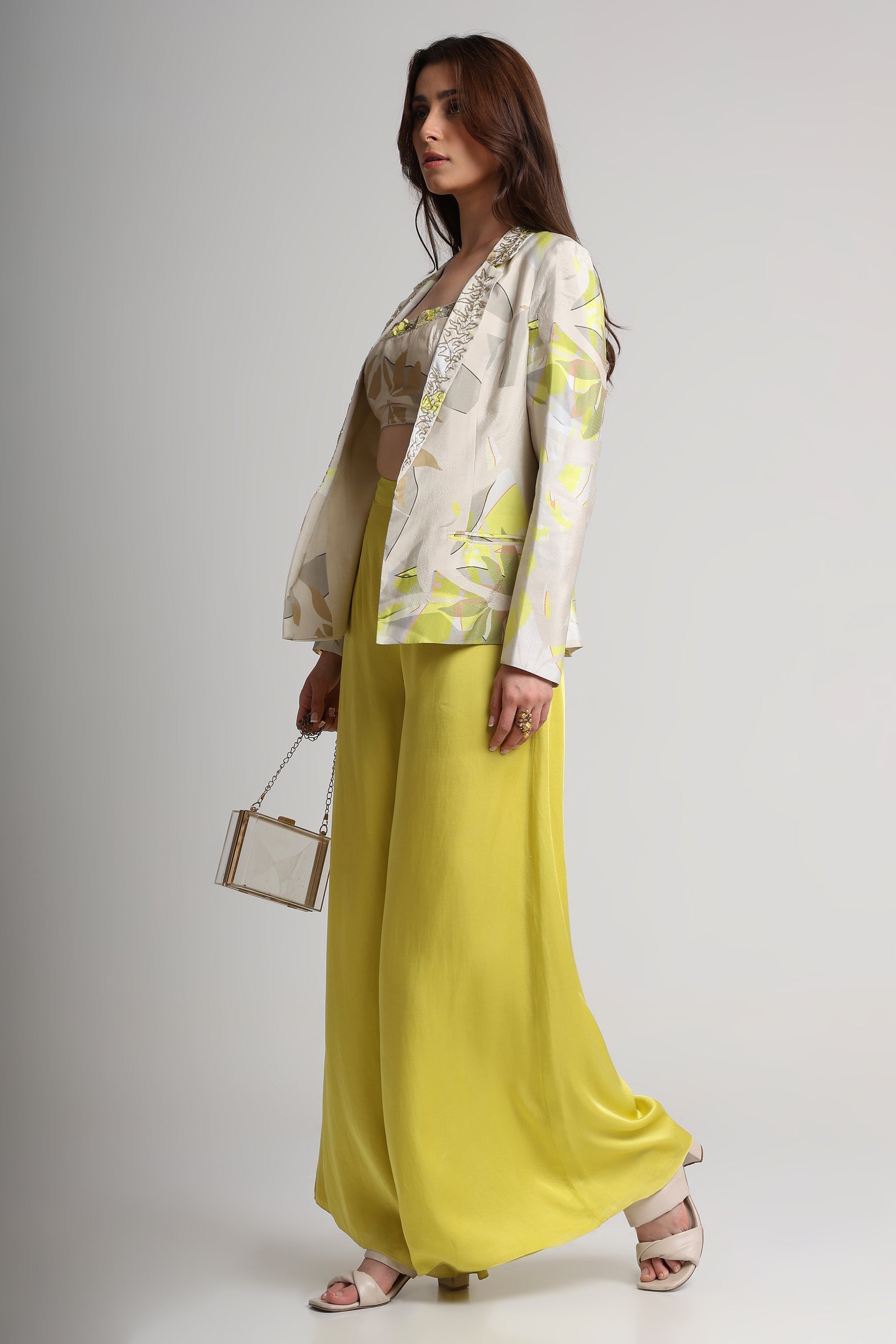 Beige neon abstract floral bustier, blazer and pant set