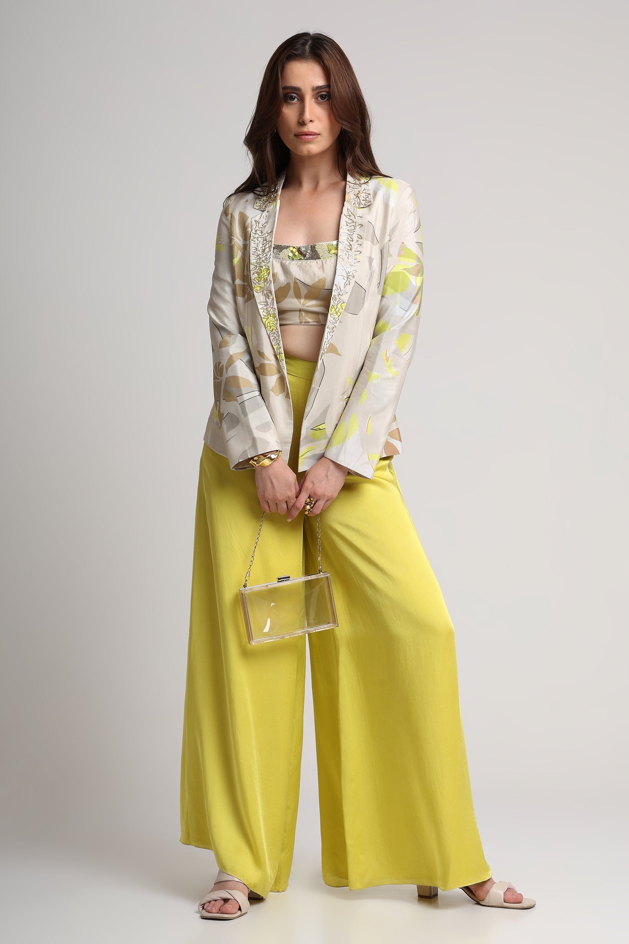 Beige neon abstract floral bustier, blazer and pant set