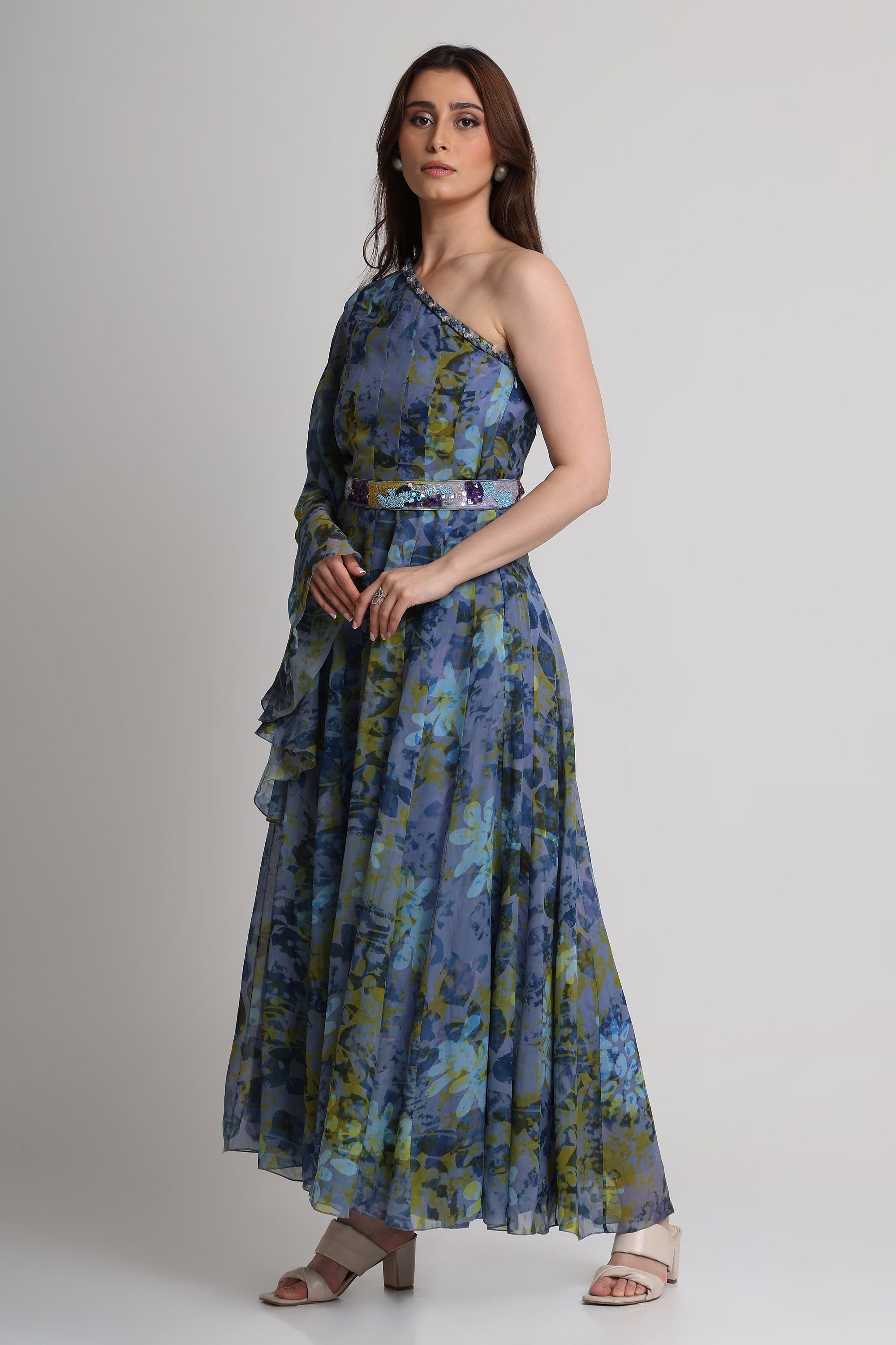 Future Dusk floral print one shoulder maxi dress with belt