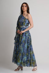 Future Dusk floral print one shoulder maxi dress with belt