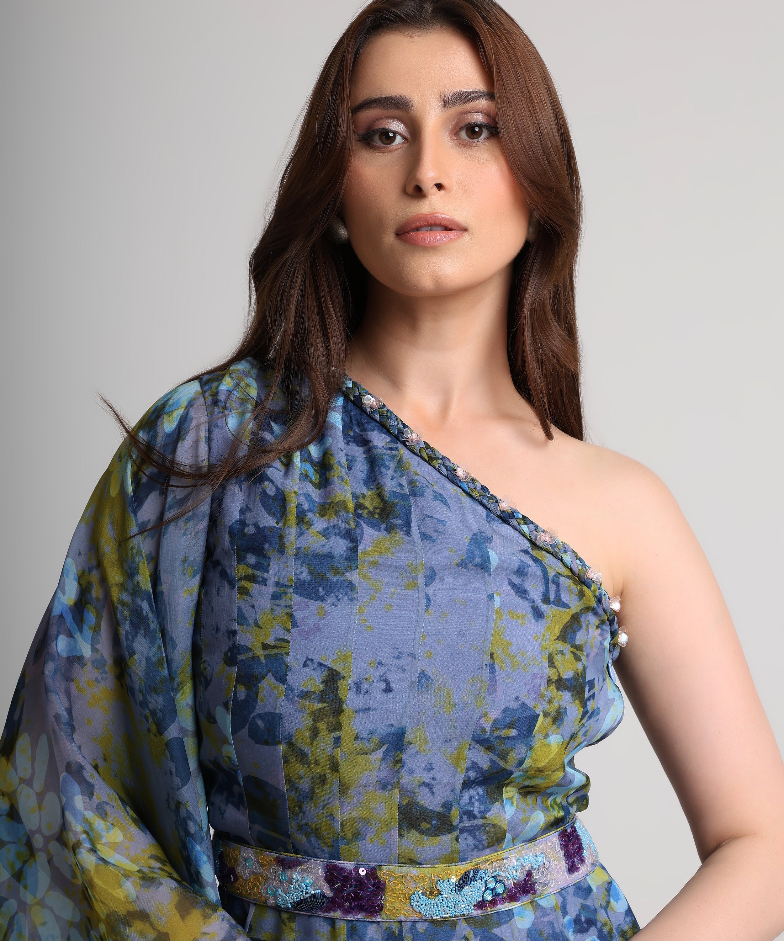 Future Dusk floral print one shoulder maxi dress with belt