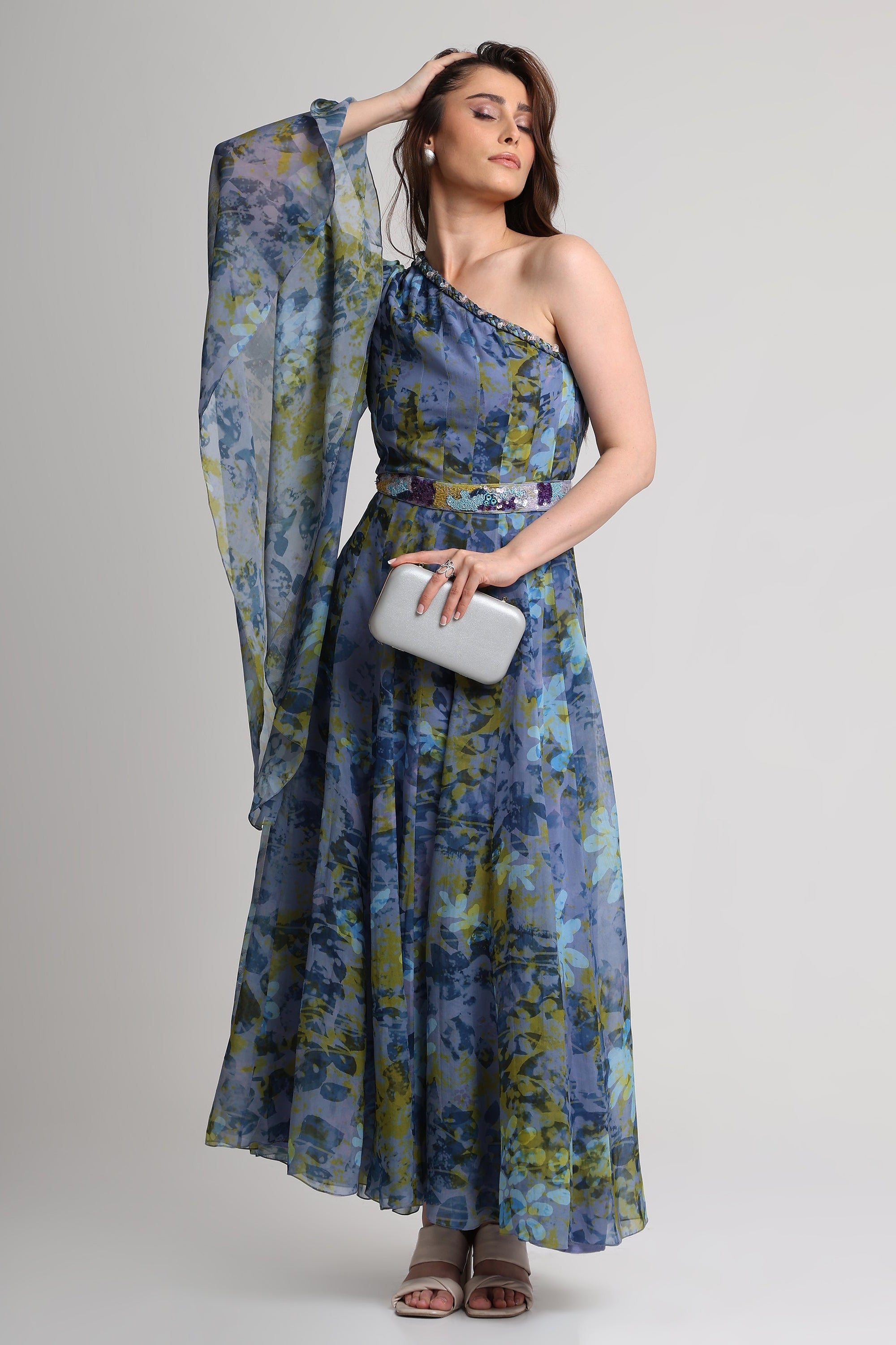 Future Dusk floral print one shoulder maxi dress with belt