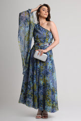 Future Dusk floral print one shoulder maxi dress with belt