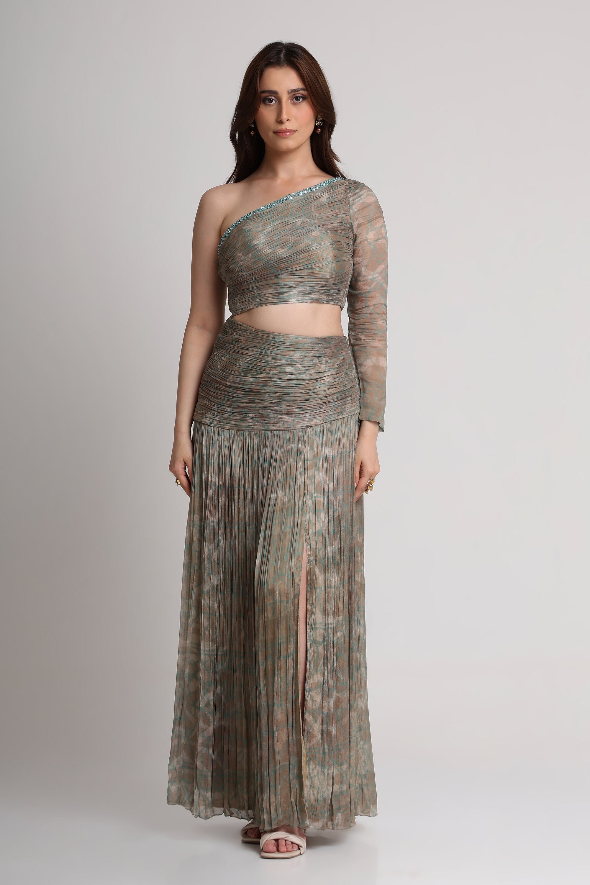 Pearl Mouse Grey Abstract print one shoulder maxi dress