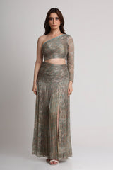 Pearl Mouse Grey Abstract print one shoulder maxi dress