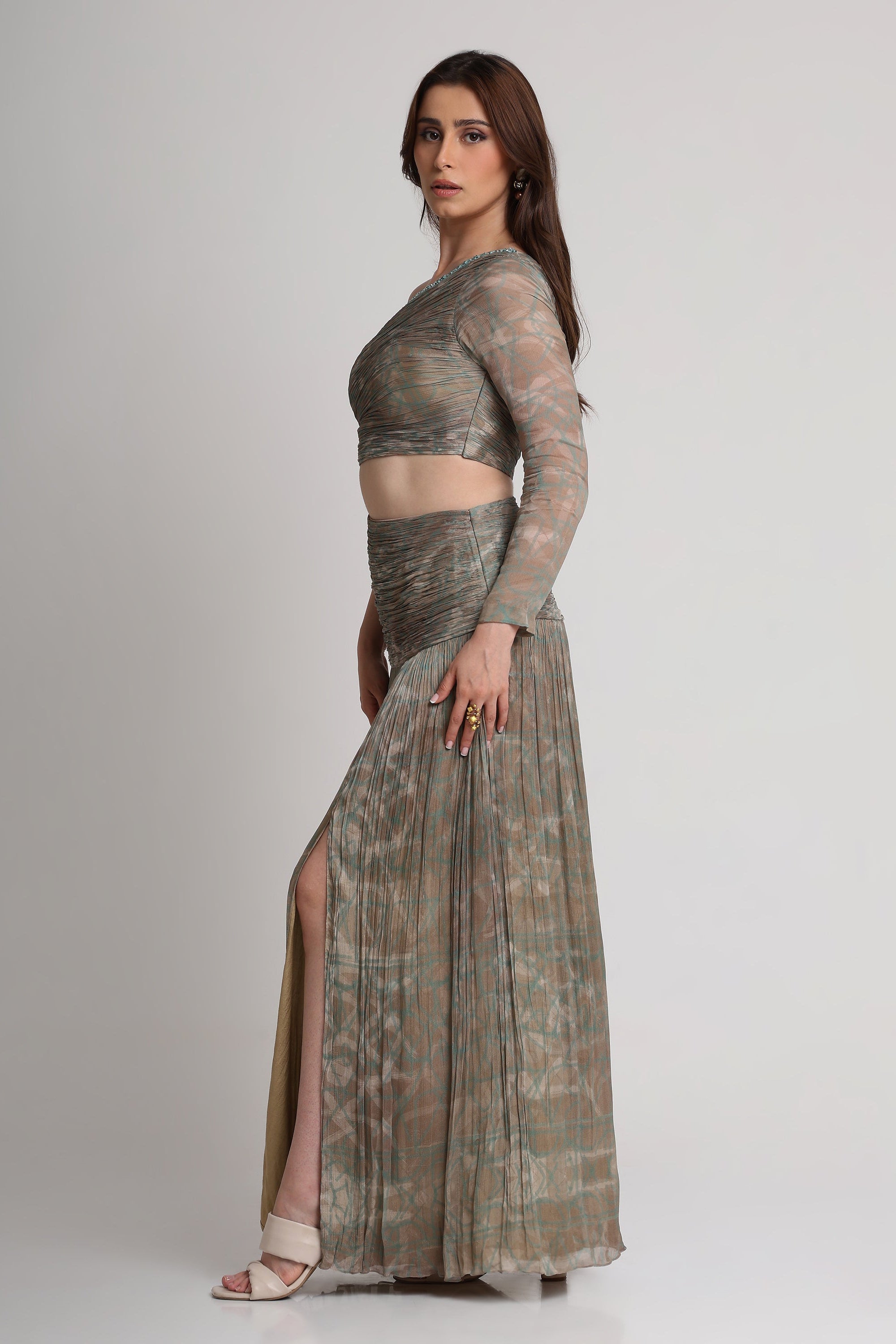 Pearl Mouse Grey Abstract print one shoulder maxi dress