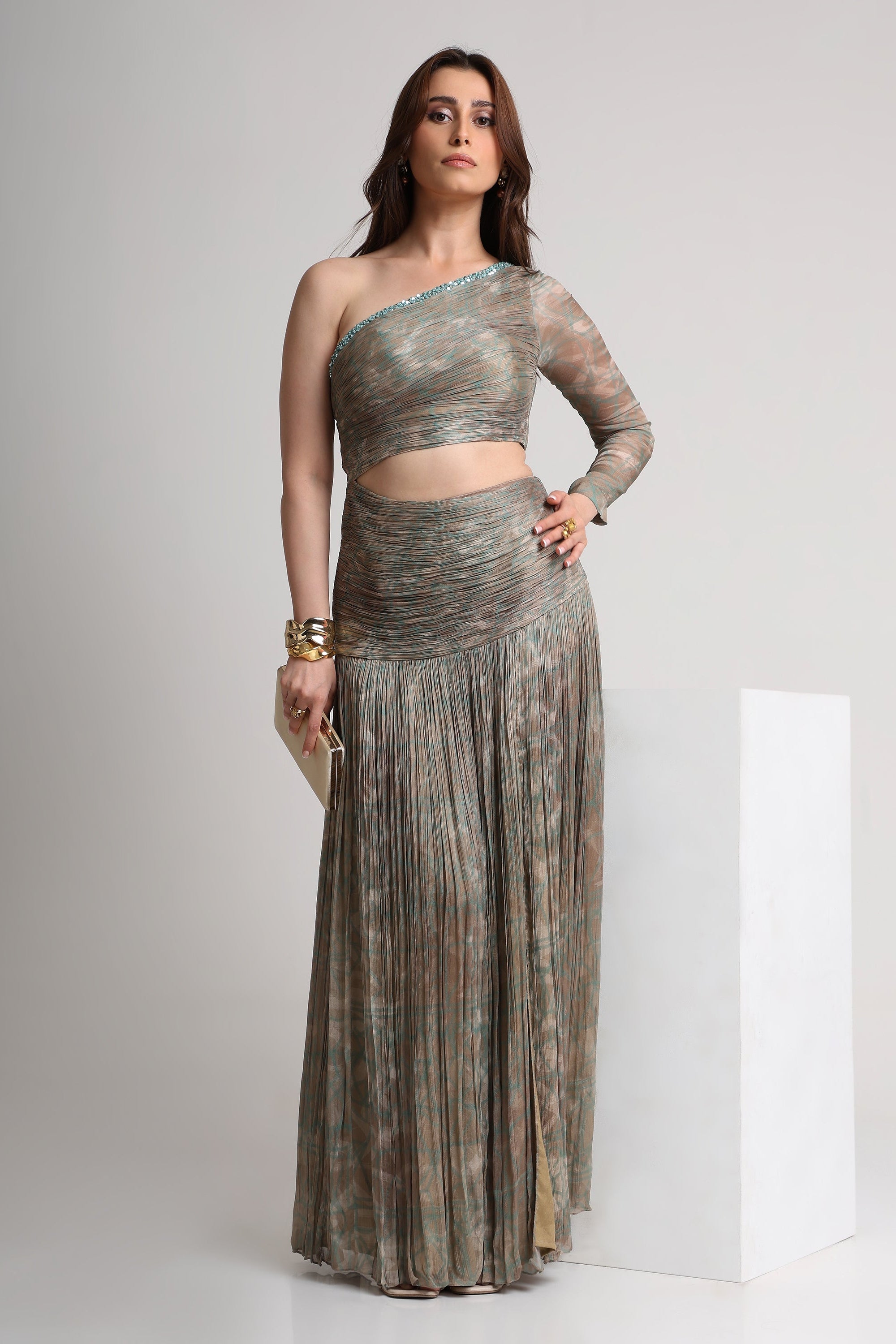 Pearl Mouse Grey Abstract print one shoulder maxi dress