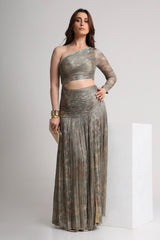 Pearl Mouse Grey Abstract print one shoulder maxi dress