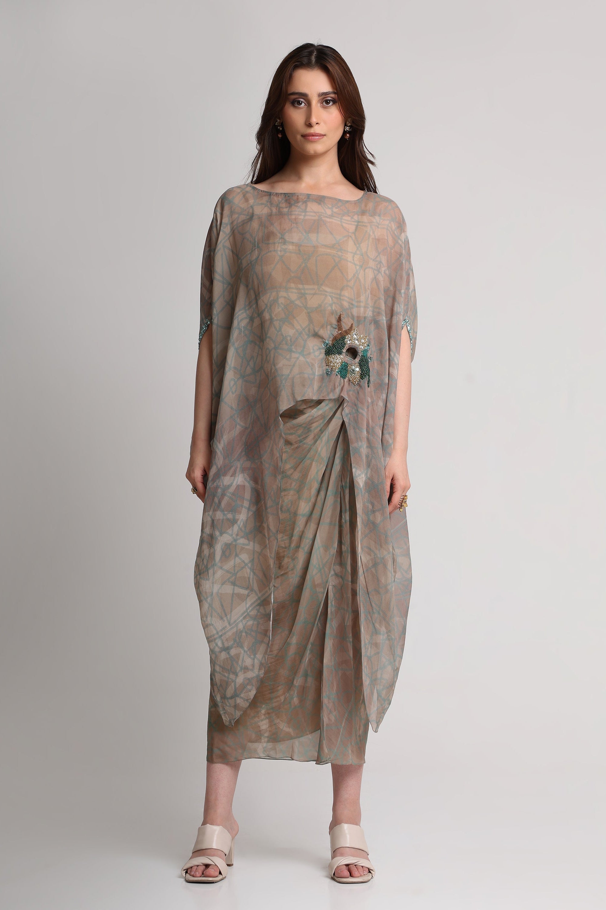 Pearl Mouse Grey Abstract print Kaftan top and skirt set