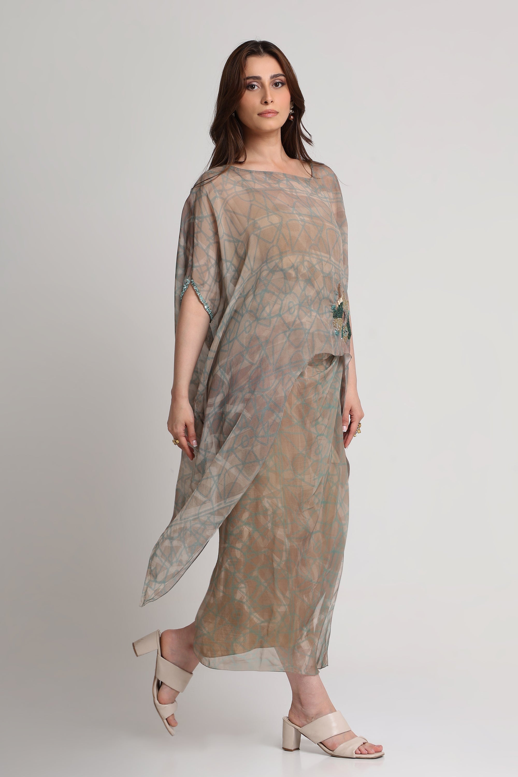 Pearl Mouse Grey Abstract print Kaftan top and skirt set